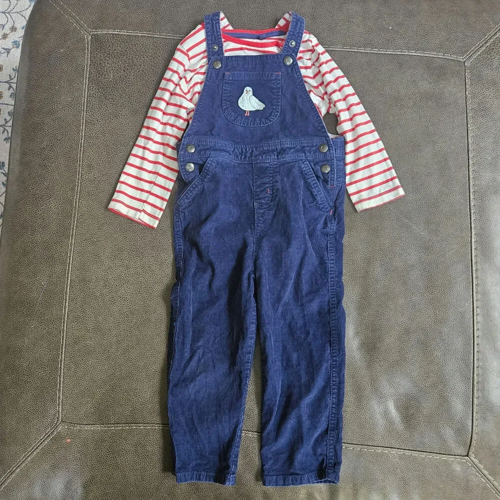 Baby Boden 2-Piece Navy Corduroy Seagull Overalls & Striped Shirt Set 3-4Y